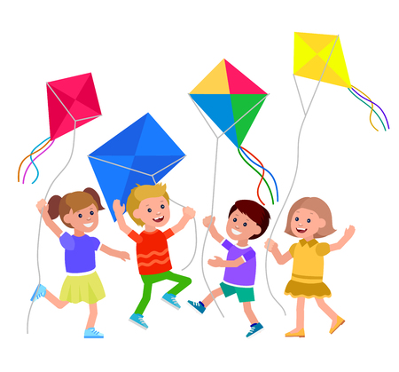 Cute vector character child. Cheerful child. Kid playing with kite. Vector illustration of child flying kite. Detailed character child. Vector for Celebration children dayのイラスト素材