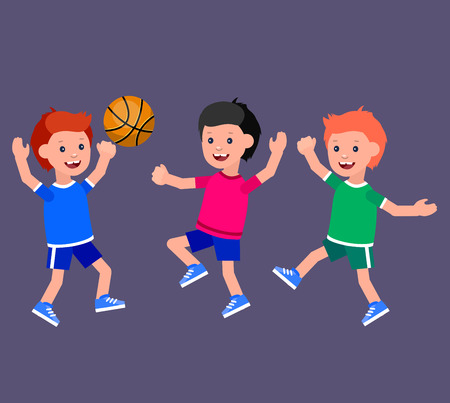 Cute vector character child playing basketball, child runs. Cheerful child. Happy boy kid illustration. Detailed character child. Happy boy kid illustration. Detailed character childのイラスト素材