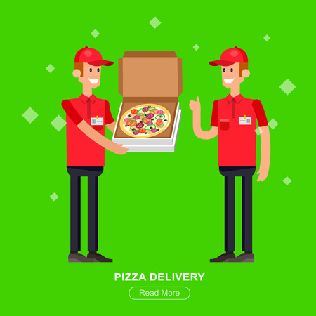 Vector detailed character, cool flat  illustration cartoon pizza delivery guyのイラスト素材