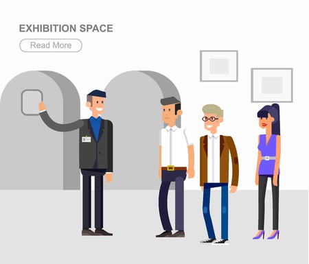 Funny character people in museum, guided tour, exhibition space, flat banners setのイラスト素材