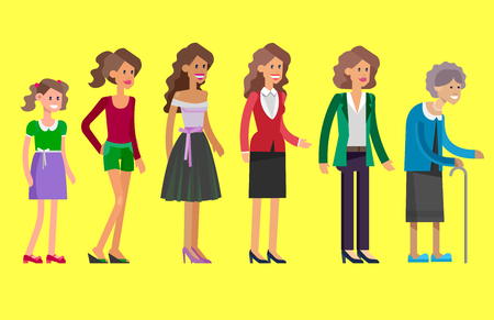 Detailed character woman Generations . All age categories - infancy, childhood, adolescence, youth, maturity, old age. Stages of developmentのイラスト素材