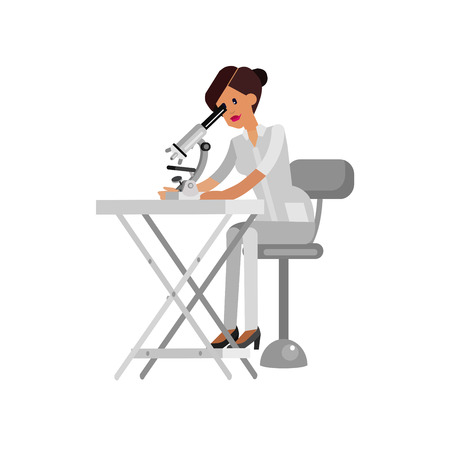 Detailed character men woman scientis, laboratory technician looking through a microscopeのイラスト素材