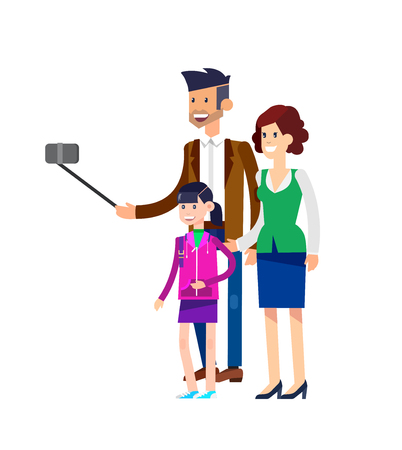 Selfie shot man make Selfie with his wife and children. Vector selfie people set, life with selfie photo cameraのイラスト素材