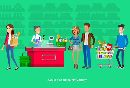 Concept illustration for Shop. Vector character woman cashier in supermarket. Healthy eating and eco. Vector cash register and buyerのイラスト素材