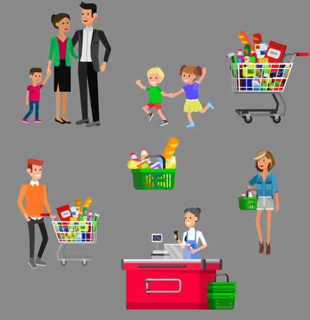 Concept banner for Shop. Vector character people in supermarket, cart, delivery, family shopping. Healthy eating and eco foodのイラスト素材