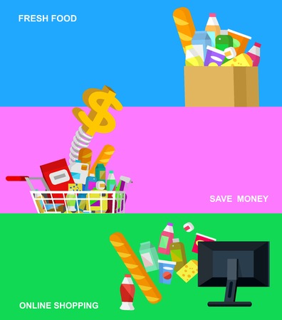 Concept banner for Shop. Vector character people in supermarket, cart, delivery, family shopping. Healthy eating and eco foodのイラスト素材