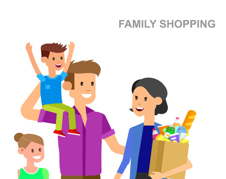 Concept illustration for Shop. Vector character family with food from the supermarket. Healthy eating and eco foodのイラスト素材