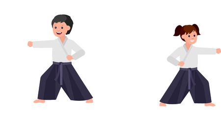 Cute vector character child. Illustration for martial art. Kid wearing kimono and training aikidoのイラスト素材
