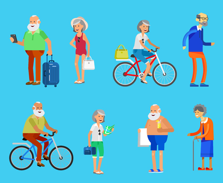 Character travelers. Old age retired tourists. Elderly couple senior having summer vacation with map and gadget, senior in swimsuits go on beach, riding on a bicycle. Healt iconsのイラスト素材