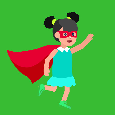 Cute vector character girl. Superhero kid playing, flyのイラスト素材