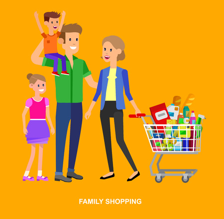 Concept illustration for Shop. Vector character family with food from the supermarket. Healthy eating and eco foodのイラスト素材