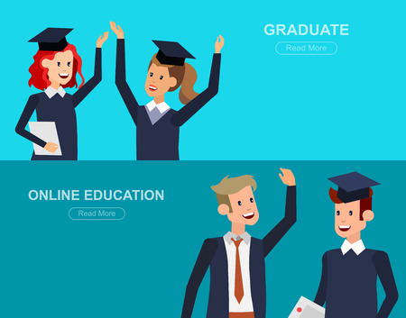 Vector character graduate and students, students graduation. University courses, online education, exam preparationのイラスト素材