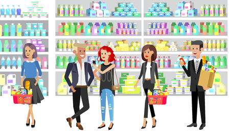 Concept banner for Shop. Vector character people in supermarket, cart, delivery, family shopping. Healthy eating and eco foodのイラスト素材
