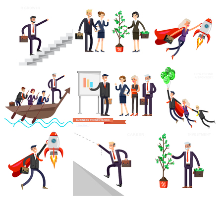 Vector detailed character business investor has the money gains. Earnings have grown as a tree with dollars. Web conceptのイラスト素材