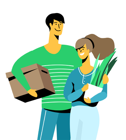 Happy couple man and woman moving together in a new houseのイラスト素材
