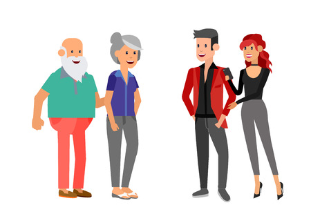 Happy seniors couple enjoying conversation guests or party. Vector illustration in flat style.のイラスト素材