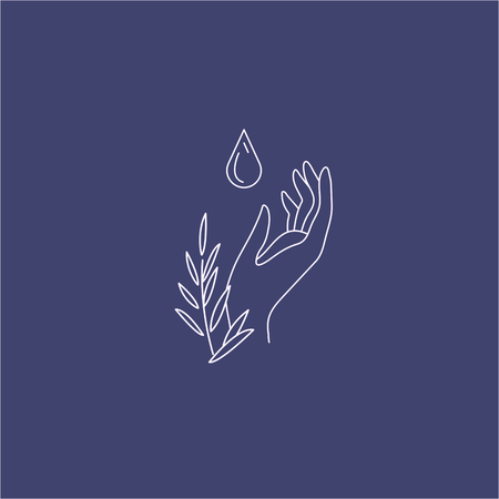 Vector icon and logo with hand for natural cosmetics and care dry skin. Editable outline stroke size. Line flat contour, thin and linear design. Simple icons. Concept illustration. Sign, symbol, element.のイラスト素材