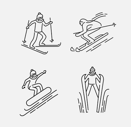 Vector icon and logo for snowboarding and skiing or other winter sports. Editable outline stroke size. Line flat contour, thin and linear design. Simple icons. Concept illustration. Sign, symbol, element.のイラスト素材