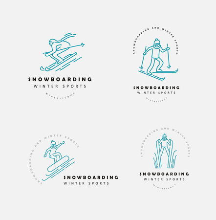Vector icon and logo for snowboarding and skiing or other winter sports. Editable outline stroke size. Line flat contour, thin and linear design. Simple icons. Concept illustration. Sign, symbol, element.のイラスト素材