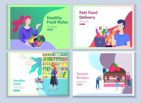 Landing page templates with people who prepare healthy organic food, simple recipes, how to choose products in the supermarket, food delivery and fast food. Culinary blog or diet conceptのイラスト素材