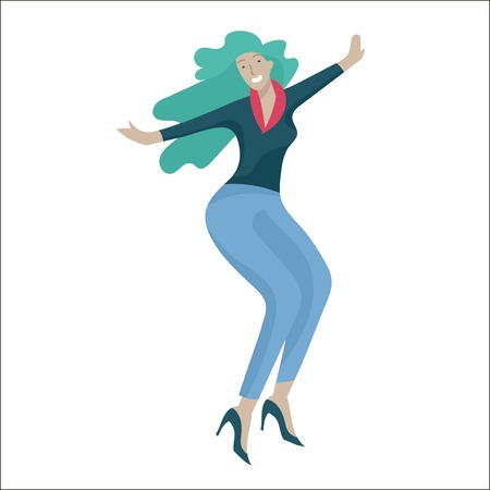 Jumping character in various poses. Happy positive young women rejoicing, happiness, freedom, motion people concept.のイラスト素材