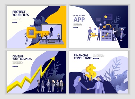 Set Landing page template people develop, business app, winners cup, financial consultant research, cooming soon start up and solution. Vector illustration concept website mobile developmentのイラスト素材