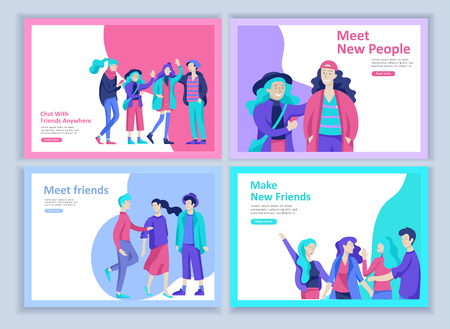 Set of Landing page templates. Vector people happy friends character teenagers with gadgets are walking and chatting, meet new people, chat with old friends and make new. Colorful flat illustrationのイラスト素材