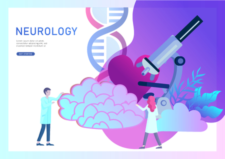 Neurology genetics concept. Flat style little people doctors medical team working, constructing DNA, researching Deoxyribonucleic acid. Brain, Creative mind, learning and design Landing page template.のイラスト素材