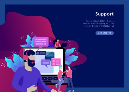 Concept Landing page template customer service, male hotline operator advises client, online global technical support, customer and operatorのイラスト素材