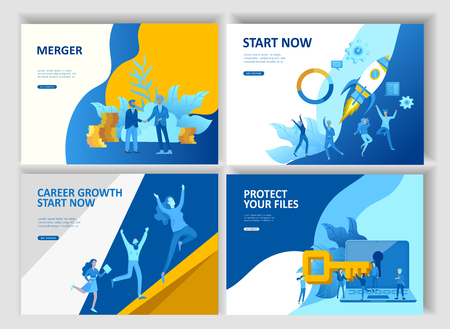 Set Landing page template people business app, file protection merger, focus group research and career growth cooming soon start up and solution. Vector illustration concept website mobile developmentのイラスト素材