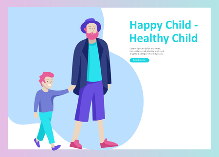 Landing page templates for happy Fathers day, child health care, happy childhood and children, goods and entertainment for Father with children. Parents with daughter and son have fun togethersのイラスト素材