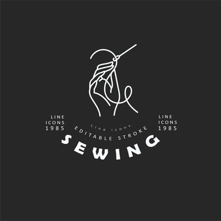 Vector icon and logo sewing and handmade. Editable outline stroke size. Line flat contour, thin and linear design. Simple icons. Concept illustration. Sign, symbol, element.のイラスト素材