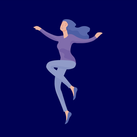Jumping character in various poses. Happy positive young women rejoicing, happiness, freedom, motion people concept.のイラスト素材
