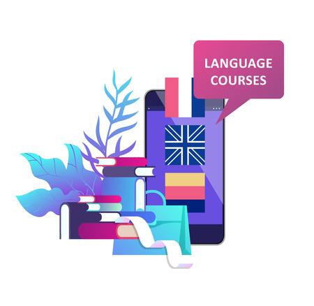 Online language courses, distance education, training. Language Learning Interface and Teaching Concept. Education Concept, training young people. Internet studentsのイラスト素材