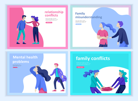 Set of Landing page templates for psyhology mental problems, depression panic attacks, paranoia anger control, relationship family conflict, stress and misunderstanding, group psychotherapy characterのイラスト素材