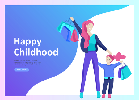 Set of Landing page templates for happy mothers day, child health care, happy childhood and children, goods and entertainment for mother with children. Parent with daughter or son have fun togethersのイラスト素材