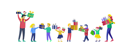 Happy Christmas Day Celebrating together happy. Group of cartoon people in Santa hats and children. Jump and throw gift. Merry Christmas and Happy New Year family character. Illustration, vectorのイラスト素材