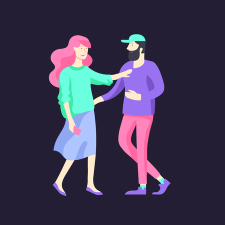 Vector people character walking on the street in autumn or winter clothes, friends and couples. Colorful Group of male and female flat cartoon charactersのイラスト素材