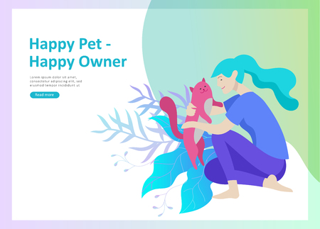 Set of Landing Page Templates with Vector Symbol. Happy people with their pets, a cat loves its owners, care and love, a pet shop and a veterinary pharmacy. Animal Day and adoption. Vector illustrationのイラスト素材