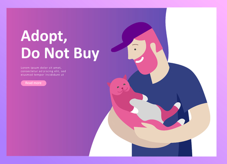Set of Landing Page Templates with Vector Symbol. Happy people with their pets, a cat loves its owners, care and love, a pet shop and a veterinary pharmacy. Animal Day and adoption. Vector illustrationのイラスト素材