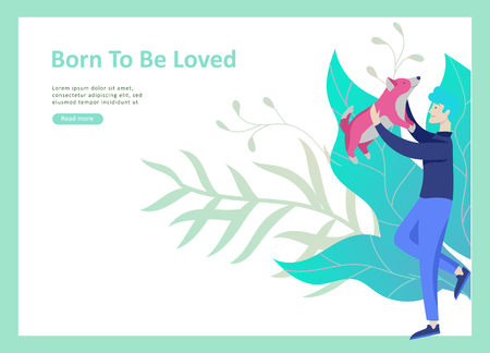 Set of Landing Page Templates with Vector Symbol. Happy people with their pets, a cat loves its owners, care and love, a pet shop and a veterinary pharmacy. Animal Day and adoption. Vector illustrationのイラスト素材