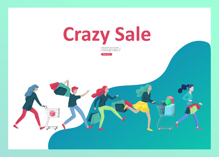 Landing page templates. People running for sale, crazy discounts, end of season, carrying shopping bags with purchases. Madness on seasonal sale at store shop. Cartoon character for black fridayのイラスト素材