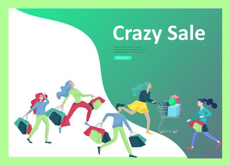 Landing page templates. People running for sale, crazy discounts, end of season, carrying shopping bags with purchases. Madness on seasonal sale at store shop. Cartoon character for black fridayのイラスト素材