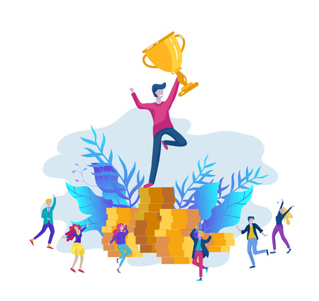 Business Team Success hold Golden winner cup, concept of people are happy with victory. Office Workers Celebrating with Big Trophy, ways goals, first place in business, financial growth. Landing pageのイラスト素材