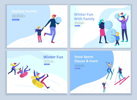 Set of Landing page templates. People dressed in winter clothes or outerwear performing outdoor activities fun. Snow festival, sledding or snowboard. Christmas family ski skating, skiing extreme sportのイラスト素材