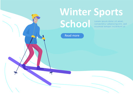 Landing page templates. People dressed in winter clothes or outerwear performing outdoor activities fun. Snow festival, sledding or snowboard. Christmas family ski skating, skiing extreme sportのイラスト素材