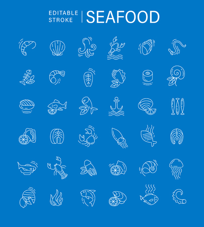 Vector icon and logo for seafood restaurant or cafe. Editable outline stroke size. Line flat contour, thin and linear design. Simple icons. Concept illustration. Sign, symbol, element.のイラスト素材