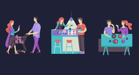 Everyday routine scenes and spend time together of young romantic couple. Pair of boy and girl cooking food and eating. Vector people character. Colorful flat concept illustration.のイラスト素材