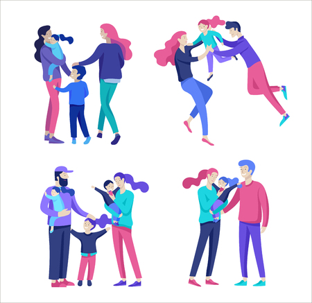 Family spend time together, happy parents with children. Vector people character. Editable outline stroke size. Colorful flat concept illustration.のイラスト素材