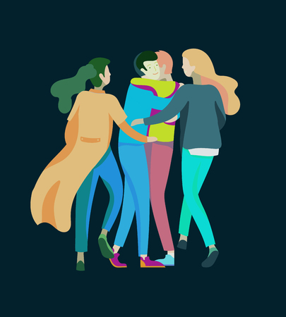 Vector people character. Friends and couple hugging, walking and spend time tygether. Colorful flat concept illustration.のイラスト素材